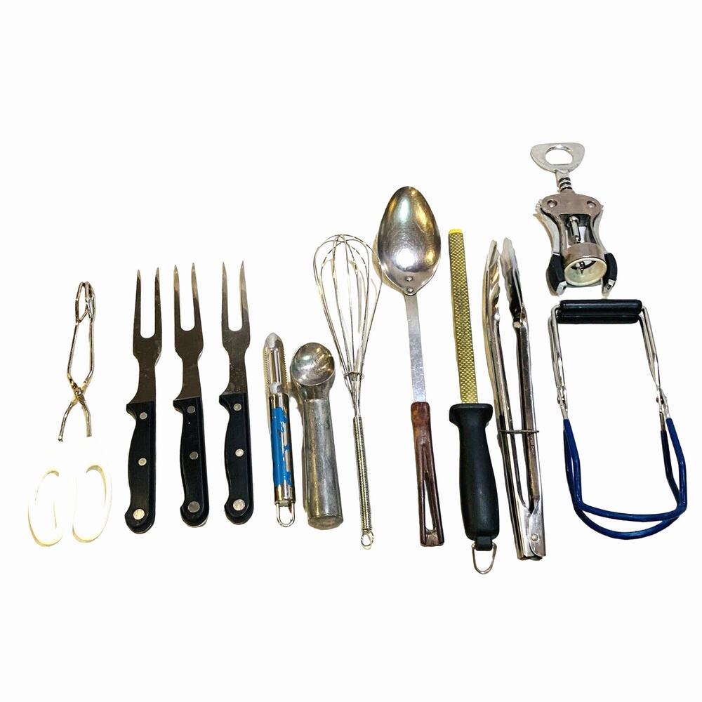 Kitchen Utensils Lot 12 Scoop Tongs Forks Spoon Whisk Sharpener Opener Peeler